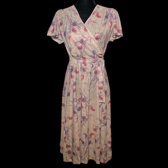 Handmade - 70's Floral Flutter Sleeve Sheer Dress - Size S/M - Picture 1 of 5